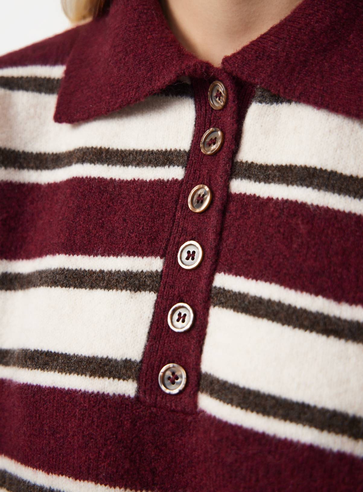 Burgundy Stripe Knitted Long Sleeve Polo Jumper S - Image 3